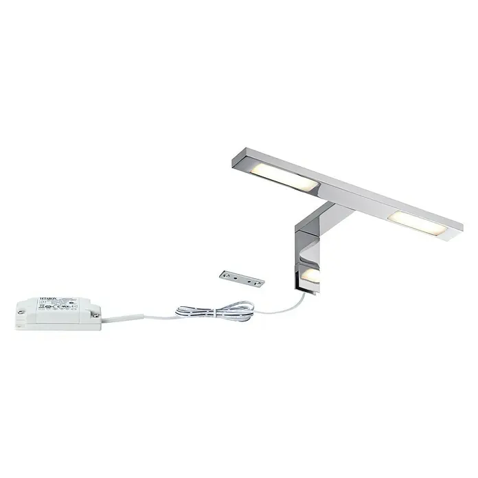Paulmann Galeria LED-Spiegelleuchte Double Hook - 6,4 W, L x B x H: 30 x 11 x 8 cm, Chrom, Warmweiß - Abbildung einer modernen LED-Spiegellampe mit Chromoberfläche, Trafo und Befestigungsmaterial für eine elegante Badezimmerbeleuchtung.
