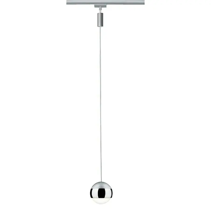 Paulmann URail LED-Pendelleuchte Capsule II - Warmweiß, Chrom, Ø x H: 8,7 x 130 cm - Pendelleuchte mit einer glänzenden Chromkugel am Ende eines dünnen Kabels, das an einer Metallschiene befestigt ist.