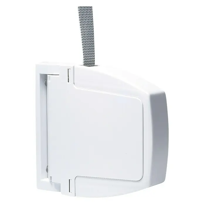 Recogedor de cinta de persiana - En pared, Anchura de la correa: 20 mm - Primer plano de un retractor de cable automático blanco con un cordón gris. Solución compacta de gestión de cables.