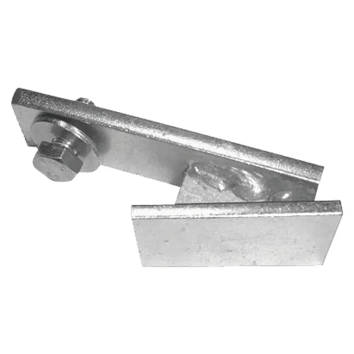 HBS Betz Herrajes adicionales de bloqueo para carril de guía Tipo 40 - Apto para: Puertas correderas - Primer plano de un soporte de montaje galvanizado con tornillo, ideal para construcciones robustas y conexiones seguras.