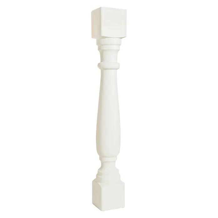 Balaustrada Italia 90 - 12 x 12 x 90 cm, Blanco, Hormigón - Primer plano de un balaustre blanco, destacando sus extremos cuadrados y su elegante forma. Ideal para escaleras y barandillas, muestra artesanía.