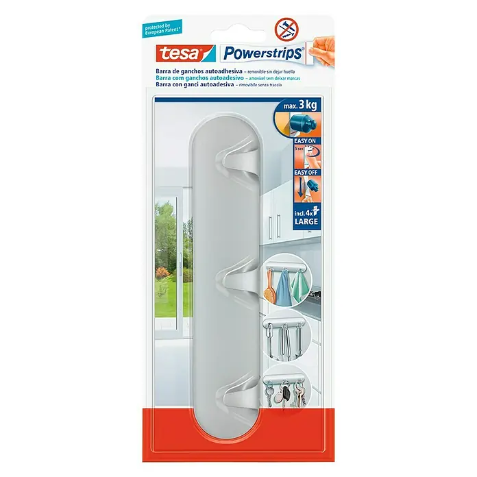 Tesa Powerstrips Colgador Multigancho - Plateado - Tesa Powerstrips: Barra de ganchos adhesivos para un montaje fácil y sin residuos de objetos hasta 3 kg.