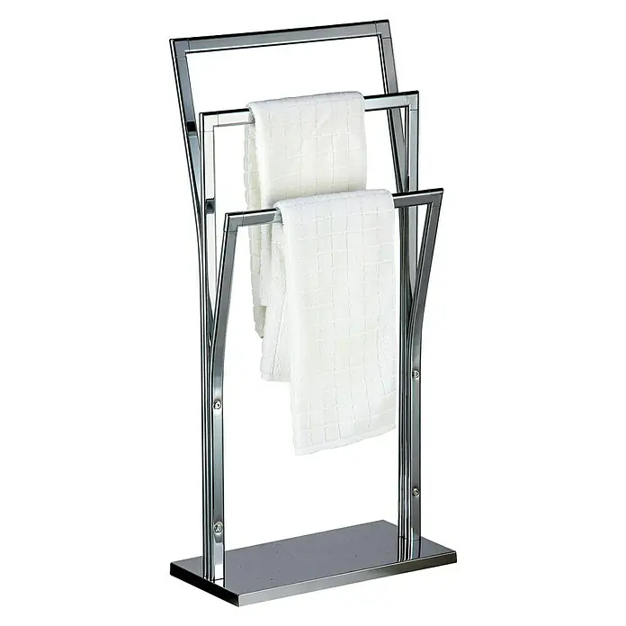 MSV Toallero de barra Pili - L x An x Al: 185 x 41 x 87 cm, Metal, Cromo - Un toallero cromado moderno con dos toallas blancas, que ofrece funcionalidad y un diseño elegante para cualquier baño.