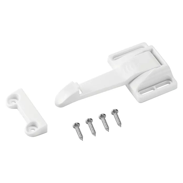 Inofix Cierre para muebles 5107-2- - Blanco, Tipo de montaje: Atornillado - Un juego de bloqueo de gabinete blanco con cuatro tornillos, que consiste en un pestillo y un soporte. Ideal para la seguridad infantil.