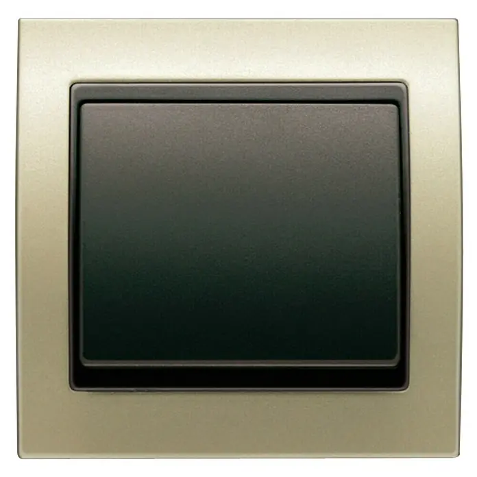 Siemens Delta Iris Marco - Dorado malta, Modelo de mecanismos: x 1, Aluminio, Colocar - Primer plano de un interruptor de luz plano y moderno con marco color champán y placa oscura.