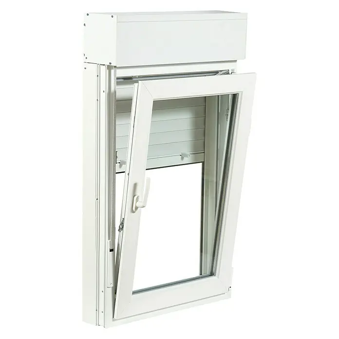 Solid Elements Ventana de PVC practicable-oscilobatiente - 70 x 118 cm, Derecha, Blanco - Una ventana blanca de apertura interior con caja de persiana enrollable, permitiendo luz y privacidad.