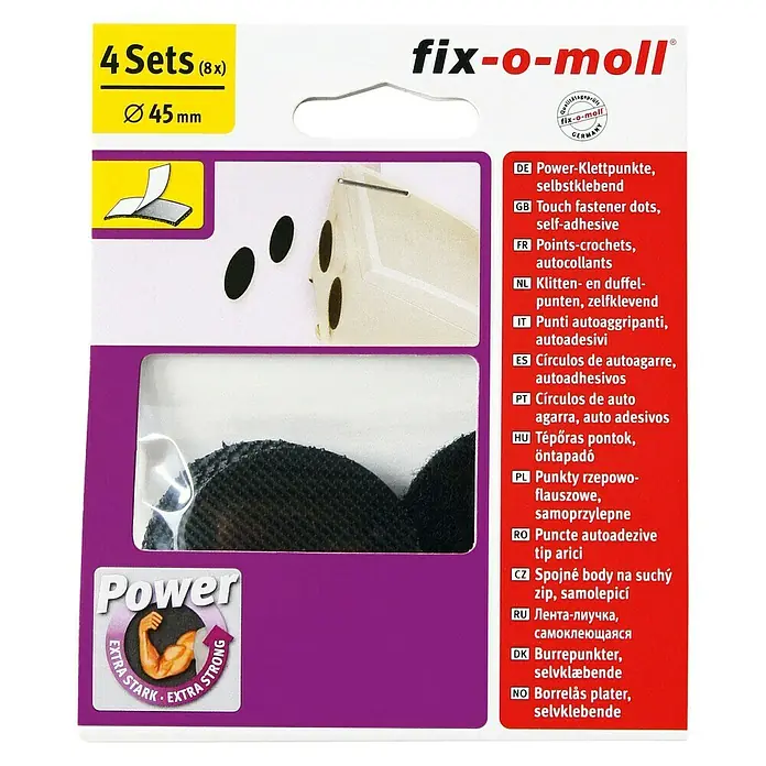 Fix-o-moll Klettpunkt Power - Durchmesser: 45 mm, Schwarz, 4 Stk. - Bild von Fix-o-Moll Power-Klettpunkten, selbstklebend, 4 Sets (8x), Durchmesser 45 mm, mit starker Haftkraft für diverse Anwendungen.