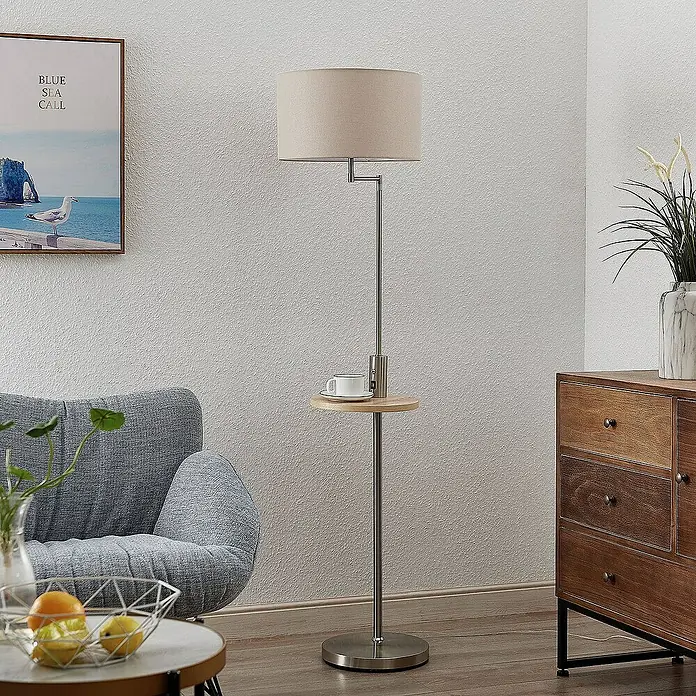 Lindby Stehleuchte Zinia - Höhe: 160 cm, alu / grau / zink, creme / amber, E27