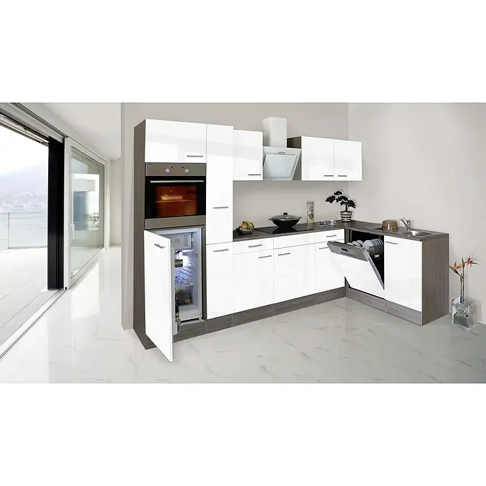 Respekta Winkelküche Oliver - B x T: 310 x 172 cm, Weiß, Mit Elektrogeräten - Moderne Küche mit weißen Hochglanzfronten und dunkler Arbeitsplatte, inklusive Kühlschrank, Backofen und Geschirrspüler.