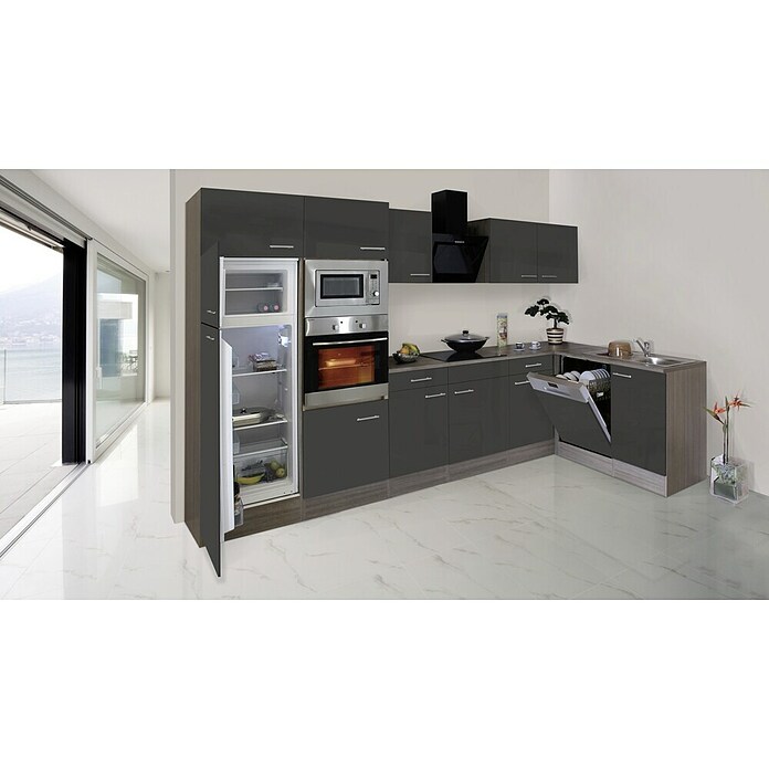 Respekta Cocina esquinera (172 x 340 cm, Brillo satinado gris)