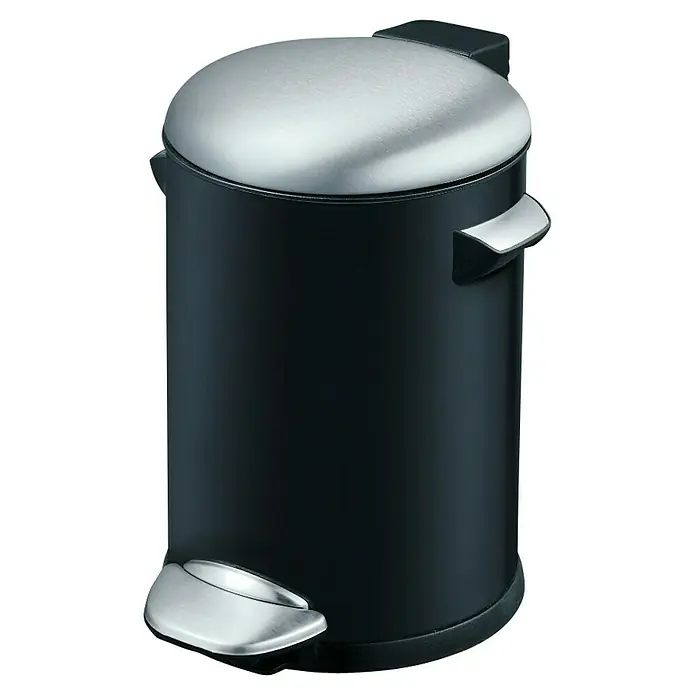 Treteimer Estelle - 3 l, Edelstahl, Schwarz - Ein schwarzer Treteimer mit silberfarbenem Deckel und Fußpedal. Ideal für Küche oder Bad, der Abfallbehälter ist funktional und stilvoll.