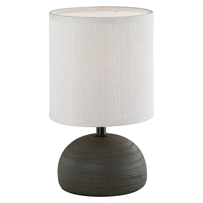 Trio Lighting Lámpara de sobremesa Luci - 40 W, Ø x Al: 14 x 23 cm, Negro, E14 - Primer plano de una lámpara de mesa con pantalla beige y base marrón esférica con detalles de grano horizontal.