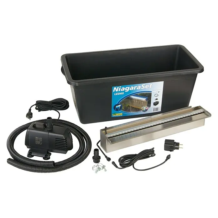 Ubbink Einbau-Wasserfall Niagara LED 60 Set - 12,5 x 60 x 10 cm, Edelstahl, Leuchtmittel: LED - Komplettes Niagara Set LED60 für Wasserspiele mit Pumpe, Becken und LED-Beleuchtung. Ideal für den Garten oder Innenbereich, einfache Installation.