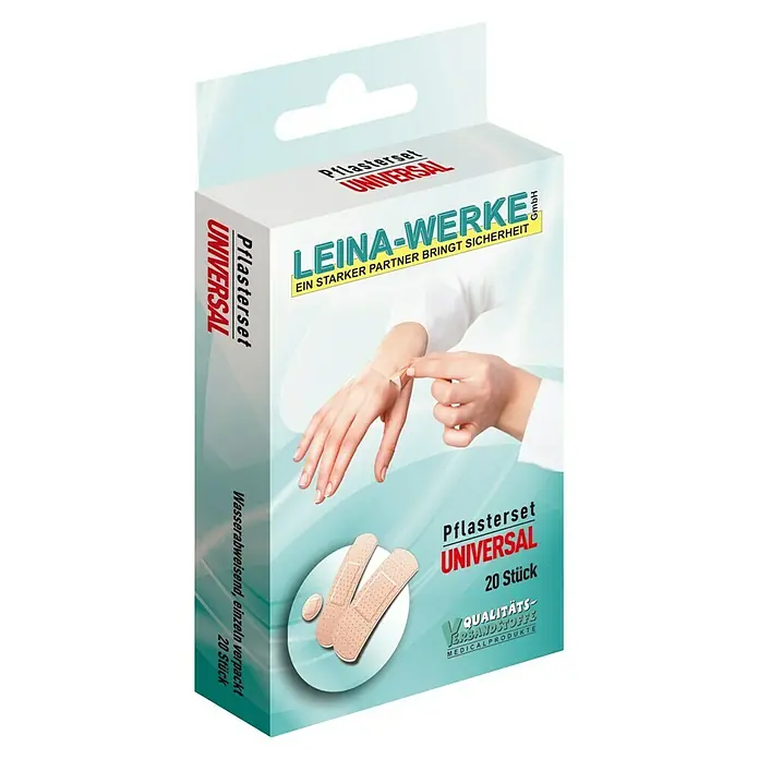 Leina-Werke Pflaster-Set Universal - 20 Stk., Wasserabweisend - Packung Leina-Werke Universal Pflasterset mit wasserabweisenden Pflastern, einzeln verpackt für optimalen Schutz und Hygiene.