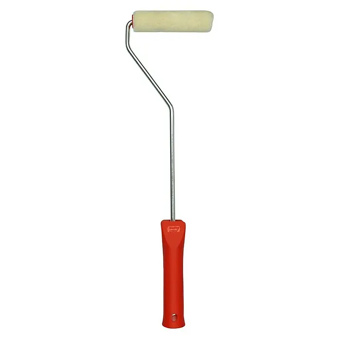 swingcolor Komfort Lackierroller - Geeignet für: Lösemittelhaltige Lacke, Breite Walze: 10 cm, Bügelstärke: 6 mm - Nahaufnahme eines Farbrollers mit beigem Zylinder und rotem Griff. Ideal für präzise Anstriche und feine Oberflächen.