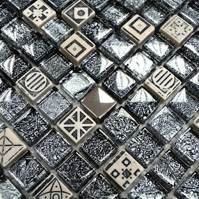 Mosaikfliese Quadrat Crystal Mix XCM ZEUS (30 x 30 cm, Schwarz/Grau/Weiß, Glänzend)