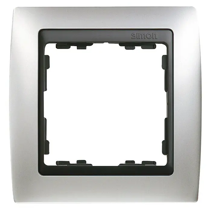 Simon 82 Marco - Aluminio/Grafito, Modelo de mecanismos: x 1, Plástico, Colocar - Esta imagen muestra un marco plateado Simon para interruptores y enchufes, que ofrece un aspecto moderno y elegante.
