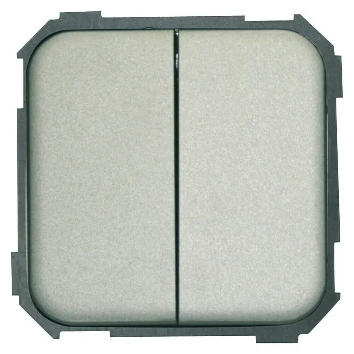 Simon 31 Conmutador doble - Aluminio, Colocar, Plástico, 10 A - Primer plano de un interruptor de pared dividido, cuadrado y plano, en gris, con esquinas redondeadas y recortes.