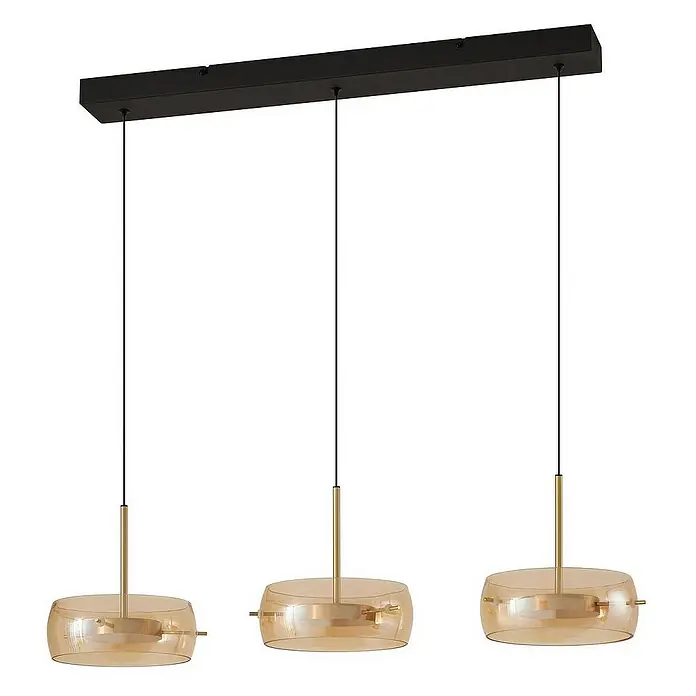 Lucande Pendelleuchte Martis - L x B x H: 80 x 20 x 7 cm, creme / amber, Schwarz, messing, amber