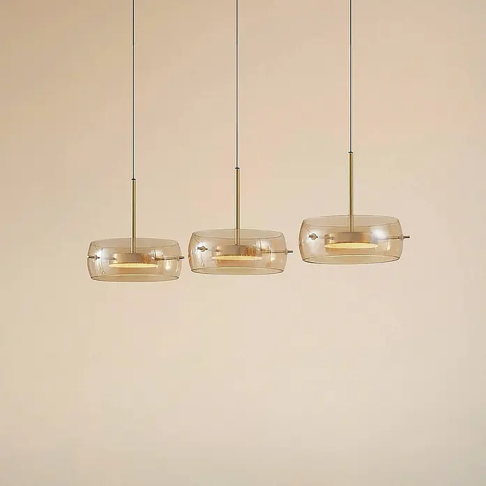Lucande Pendelleuchte Martis - L x B x H: 80 x 20 x 7 cm, creme / amber, Schwarz, messing, amber