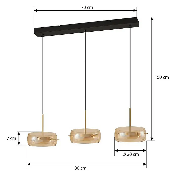 Lucande Pendelleuchte Martis - L x B x H: 80 x 20 x 7 cm, creme / amber, Schwarz, messing, amber