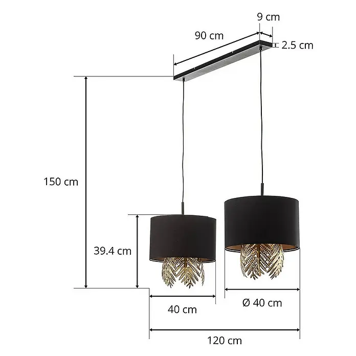 Lucande Pendelleuchte Malviras - L x B x H: 120 x 40 x 39,4 cm, schwarz, Schwarz, gold, E27