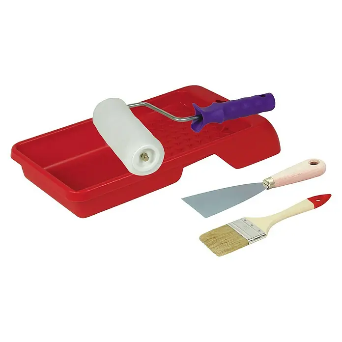 Kit para pintar con rodillo esmaltar y barnizar - 4 pzs. - Brocha, rodillo con bandeja de pintura roja y espátula. Perfecto para trabajos de pintura para revestir uniformemente paredes y superficies.