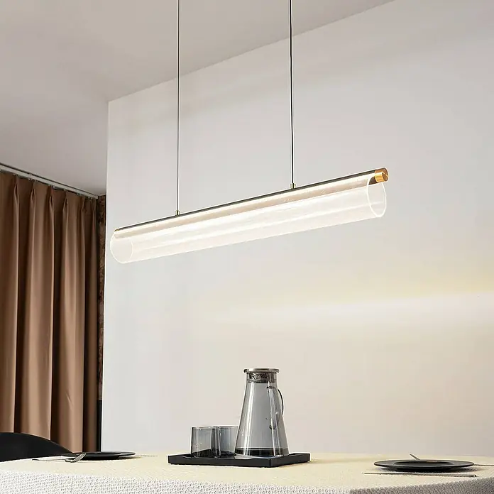 Lucande Pendelleuchte Alania - L x B x H: 90,5 x 9,5 x 9,5 cm, klar / transparent, grau, gold, transparent