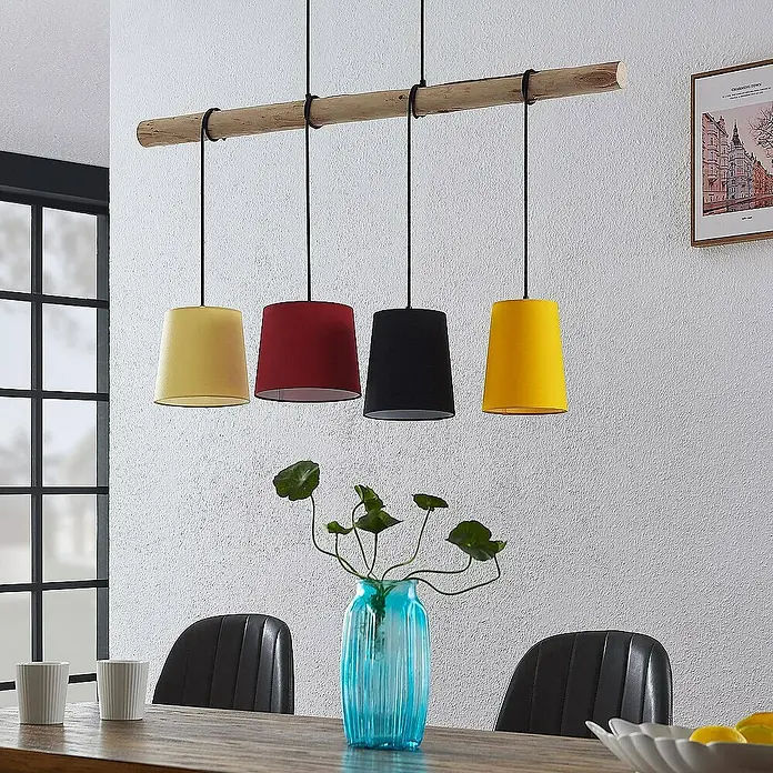 Lindby Pendelleuchte Hinai - Multicolour, Holz hell, Schwarz, gelb, Rot, E27