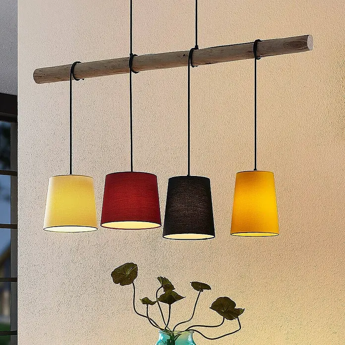 Lindby Pendelleuchte Hinai - Multicolour, Holz hell, Schwarz, gelb, Rot, E27
