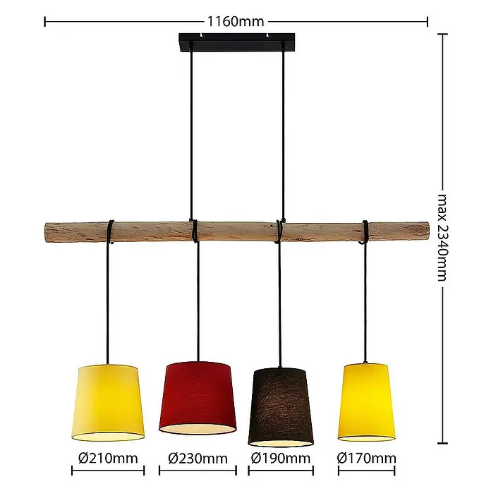 Lindby Pendelleuchte Hinai - Multicolour, Holz hell, Schwarz, gelb, Rot, E27