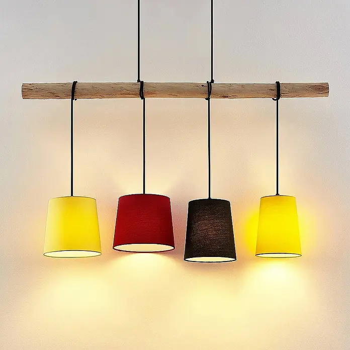 Lindby Pendelleuchte Hinai - Multicolour, Holz hell, Schwarz, gelb, Rot, E27