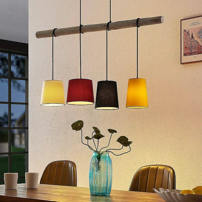 Lindby Pendelleuchte Hinai - Multicolour, Holz hell, Schwarz, gelb, Rot, E27