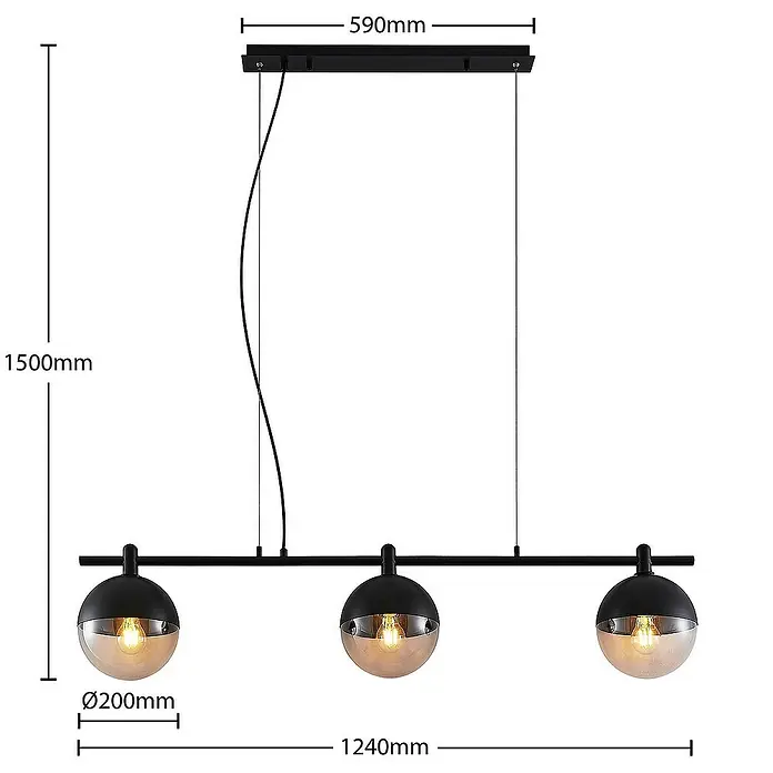 Lucande Pendelleuchte Dustian - L x B x H: 124 x 20 x 150 cm, klar, Schwarz, E27