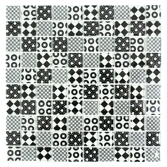 Mosaikfliese Quadrat Crystal Mix XCM 8OP5 - 31,8 x 31,8 cm, Schwarz/Weiß, Glänzend - Schwarz-weiße Mosaikfliesen mit verschiedenen Mustern, die ein modernes und stilvolles Design für jeden Raum schaffen.
