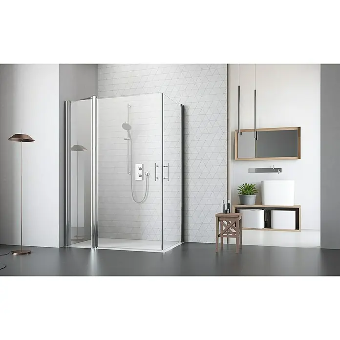 Camargue Vario Eckdusche S1+S16+S3 - 135 x 90 x 195 cm, Beschichtet, Silber, Glasstärke: 6 mm - Eine moderne Duschkabine mit Chromrahmen und klarem Glas, die ein stilvolles Badezimmer-Design ergänzt.