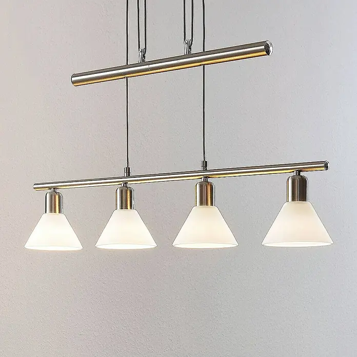 Lindby Pendelleuchte Delira - L x B x H: 75 x 12,5 x 14,5 cm, weiß, nickel satiniert, E14