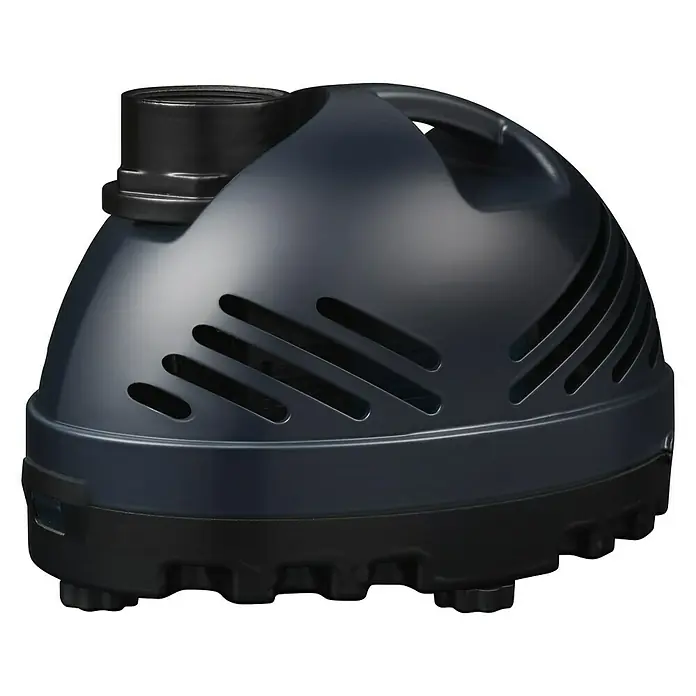 Ubbink Bachlaufpumpe Cascademax 16000160 W, Fördermenge pro Std.: 15.800 l - Nahaufnahme einer grauen Teichpumpe mit schwarzem Sockel und einem Griff für einfachen Transport.