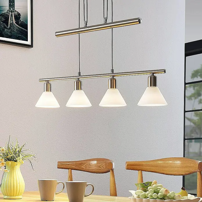 Lindby Pendelleuchte Delira - L x B x H: 75 x 12,5 x 14,5 cm, weiß, nickel satiniert, E14