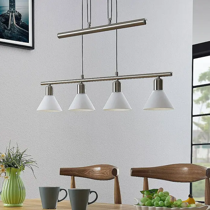 Lindby Pendelleuchte Delira - L x B x H: 75 x 12,5 x 14,5 cm, weiß, nickel satiniert, E14