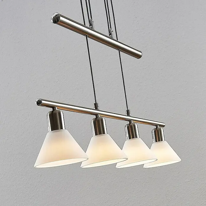 Lindby Pendelleuchte Delira - L x B x H: 75 x 12,5 x 14,5 cm, weiß, nickel satiniert, E14