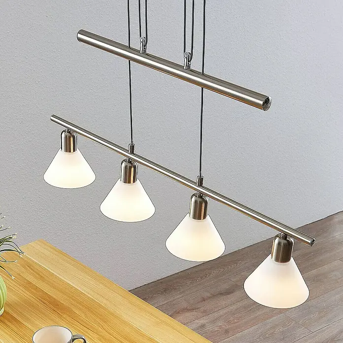 Lindby Pendelleuchte Delira - L x B x H: 75 x 12,5 x 14,5 cm, weiß, nickel satiniert, E14