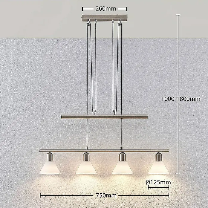 Lindby Pendelleuchte Delira - L x B x H: 75 x 12,5 x 14,5 cm, weiß, nickel satiniert, E14