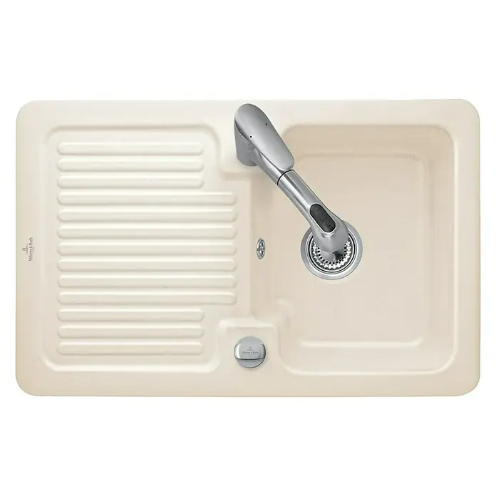 Villeroy & Boch Einbauspüle Condor - 80 x 51 cm, Steinzeug, Creme - Beige Keramikspüle mit Abtropffläche und modernem, schwenkbaren Wasserhahn für eine komfortable Küchenarbeit.