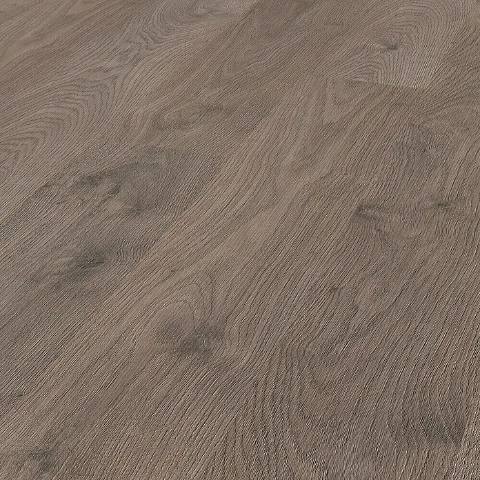 LOGOCLIC Silentos Laminat Eiche Fondi1.285 x 192 x 9 mm, Landhausdiele, Eiche Fondi - Nahaufnahme eines Laminatbodens mit hellbrauner Holzmaserung, der eine warme und einladende Atmosphäre schafft.\n