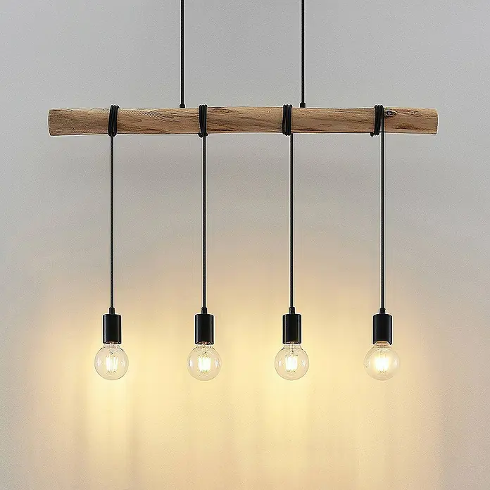 Lindby Pendelleuchte Ferris - L x B x H: 90 x 8 x 150 cm, holz hell, Schwarz matt, E27