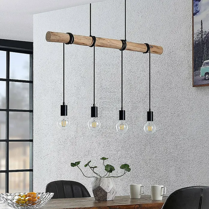 Lindby Pendelleuchte Ferris - L x B x H: 90 x 8 x 150 cm, holz hell, Schwarz matt, E27