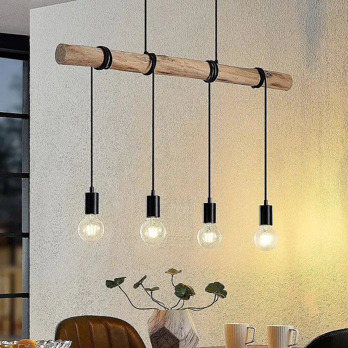 Lindby Pendelleuchte Ferris - L x B x H: 90 x 8 x 150 cm, holz hell, Schwarz matt, E27