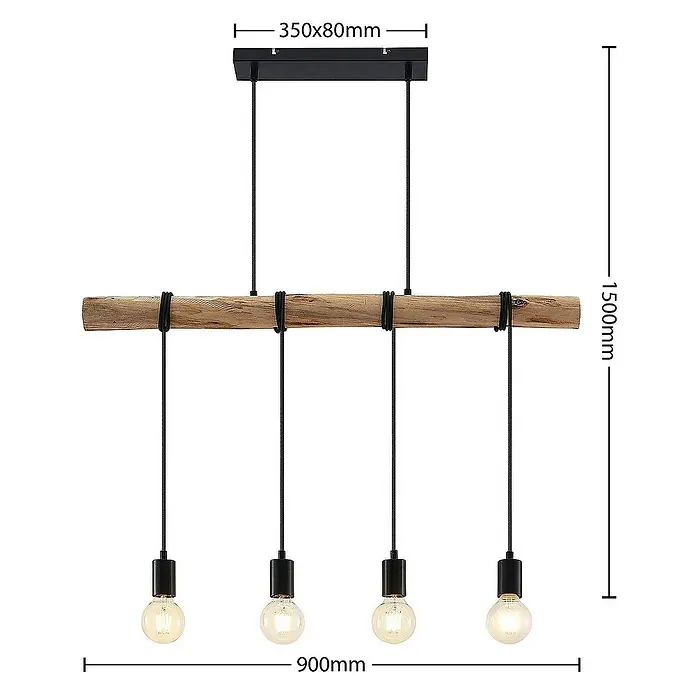 Lindby Pendelleuchte Ferris - L x B x H: 90 x 8 x 150 cm, holz hell, Schwarz matt, E27
