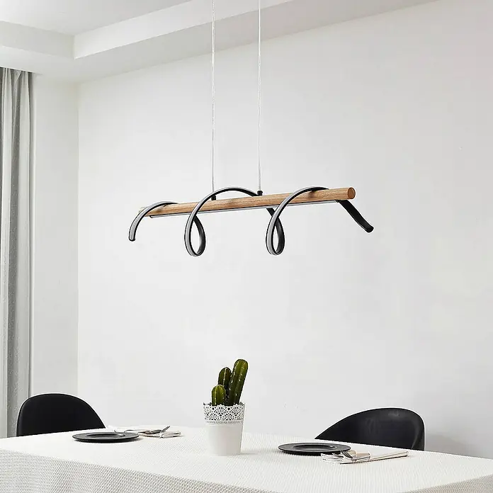 Lindby Pendelleuchte Spiraali - L x B x H: 95 x 20 x 20 cm, schwarz, Schwarz, holz hell